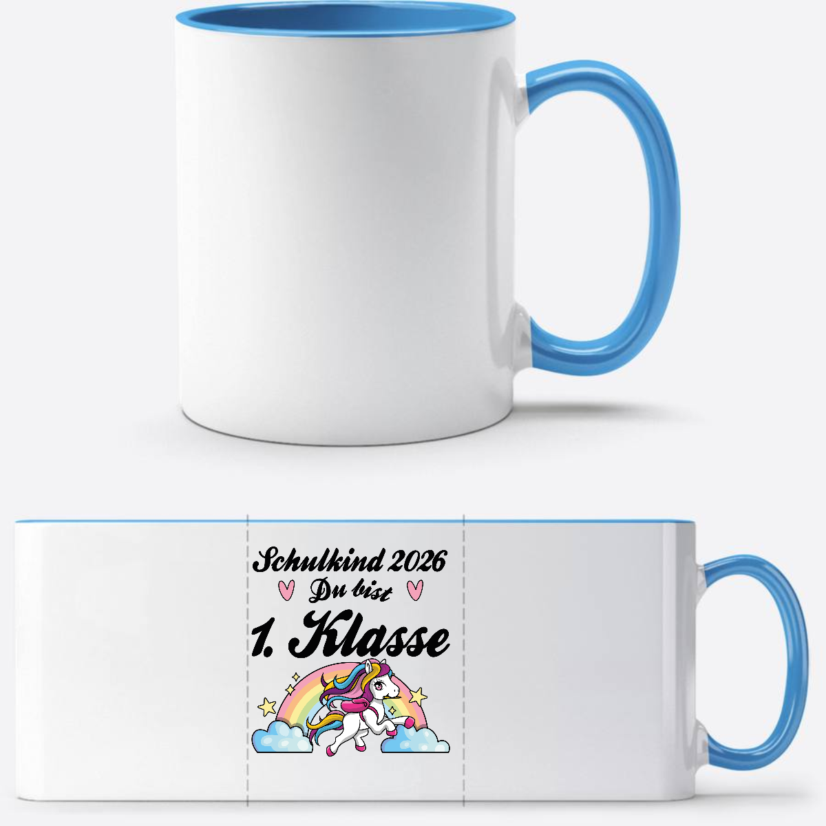 Tasse Schulkind 2026 Pferd – Du bist erstklassig mit Name - Weiß/Hellblau