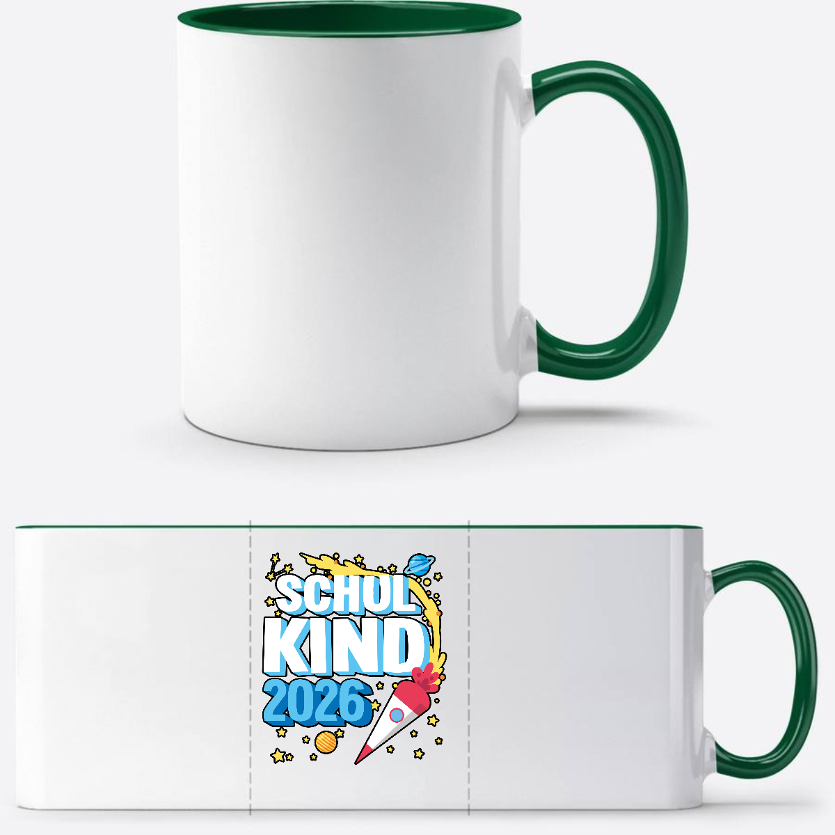 Tasse Schulkind 2026 Rakete – Personalisiert mit Name - Weiß/Dunkelgrün