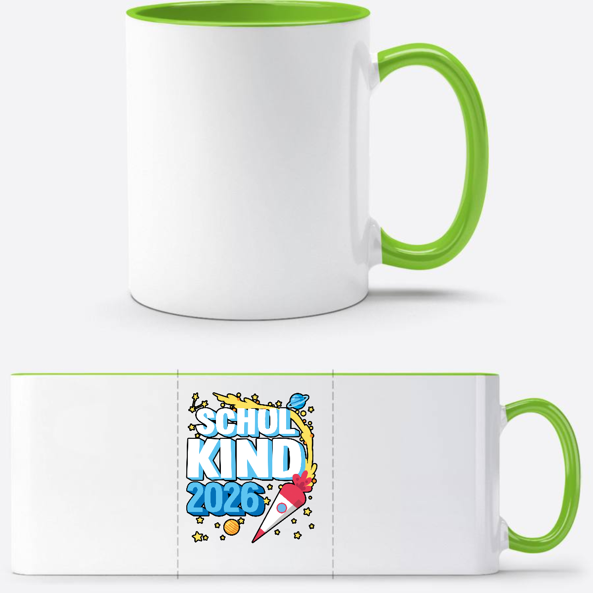 Tasse Schulkind 2026 Rakete – Personalisiert mit Name - Weiß/Grün