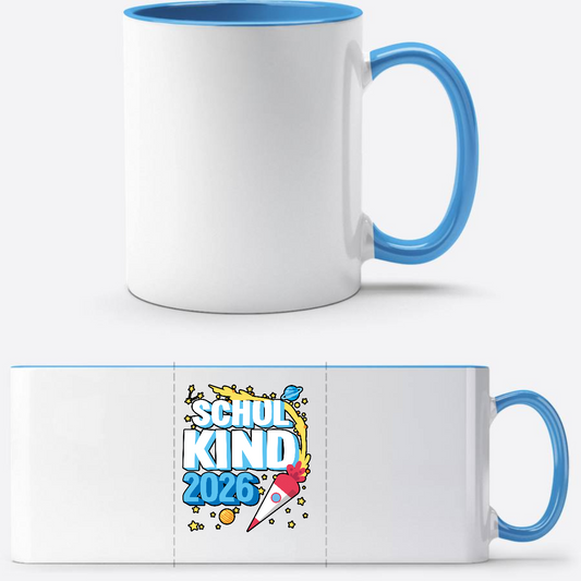 Tasse Schulkind 2026 Rakete – Personalisiert mit Name - Weiß/Hellblau