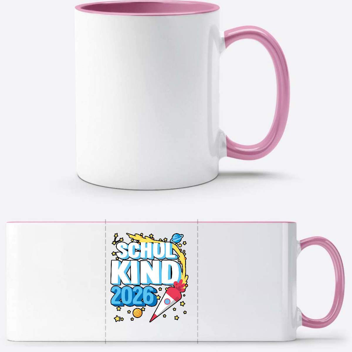 Tasse Schulkind 2026 Rakete – Personalisiert mit Name - Weiss/Rosa