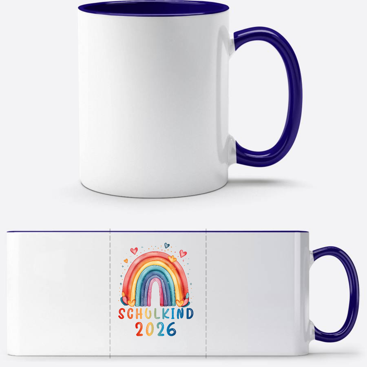 Tasse Schulkind 2026 Regenbogen – Einschulung mit Name - Weiß/Dunkelblau