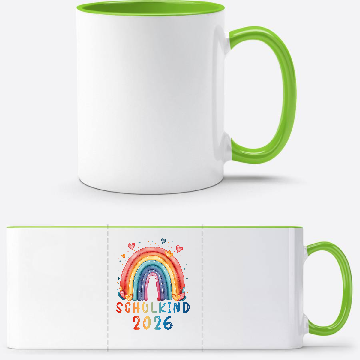 Tasse Schulkind 2026 Regenbogen – Einschulung mit Name - Weiß/Grün