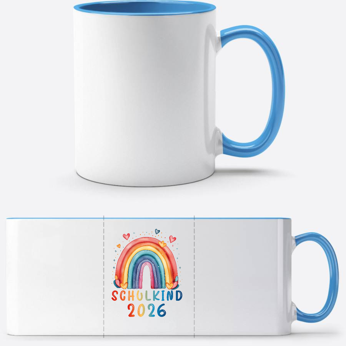 Tasse Schulkind 2026 Regenbogen – Einschulung mit Name - Weiß/Hellblau