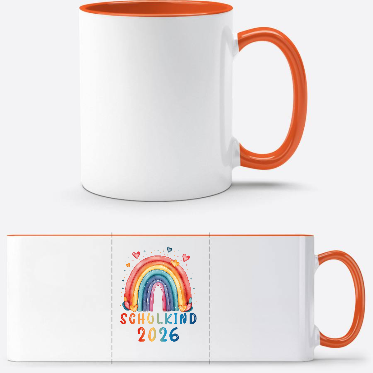 Tasse Schulkind 2026 Regenbogen – Einschulung mit Name - Weiß/Orange