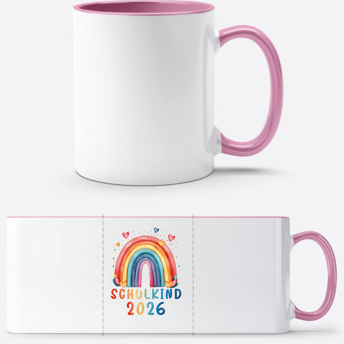 Tasse Schulkind 2026 Regenbogen – Einschulung mit Name - Weiss/Rosa
