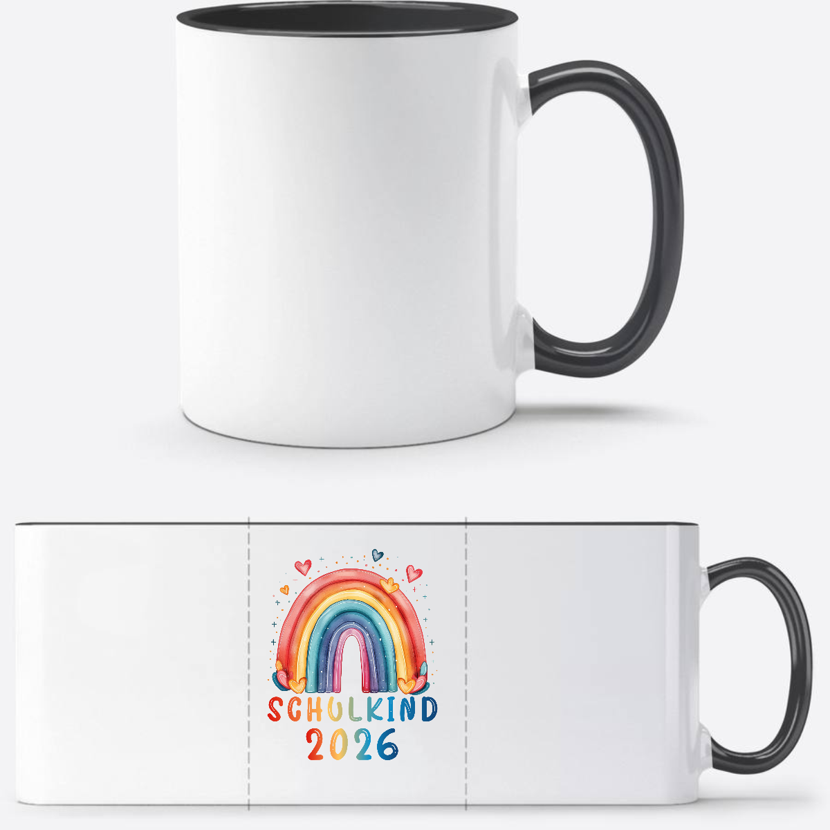 Tasse Schulkind 2026 Regenbogen – Einschulung mit Name - Weiß/Schwarz