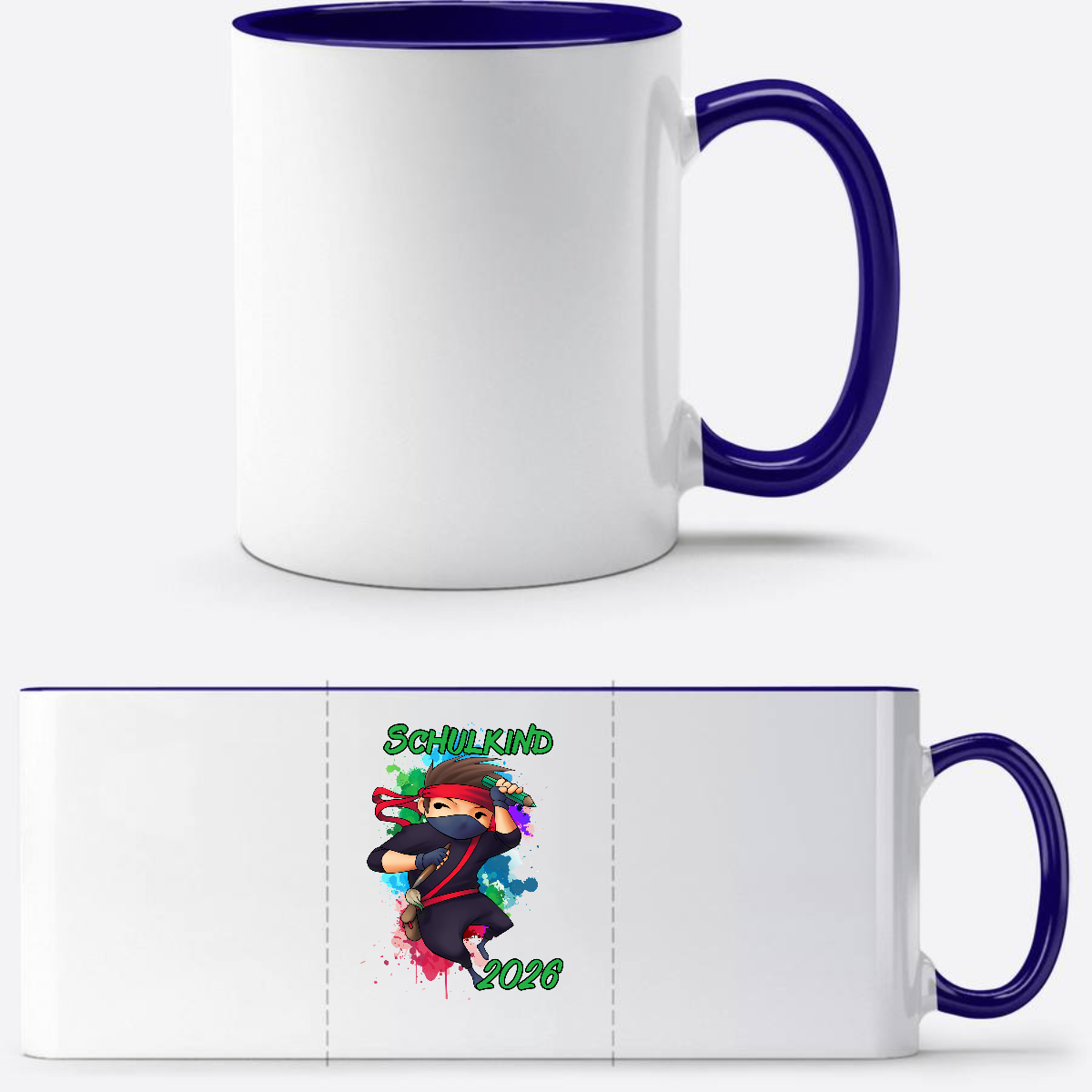 Tasse zur Einschulung 2026 – Cooler Ninja Junge mit Name - Weiß/Dunkelblau