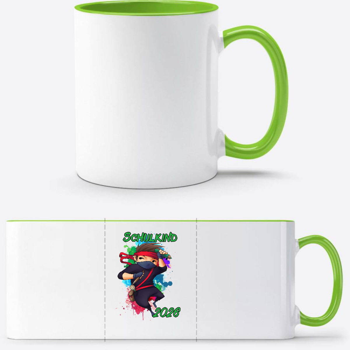 Tasse zur Einschulung 2026 – Cooler Ninja Junge mit Name - Weiß/Grün