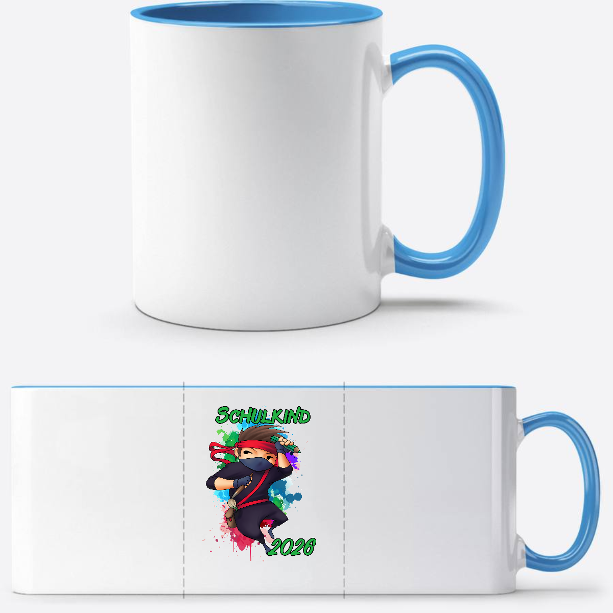 Tasse zur Einschulung 2026 – Cooler Ninja Junge mit Name - Weiß/Hellblau