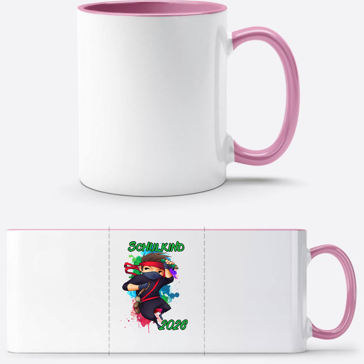 Tasse zur Einschulung 2026 – Cooler Ninja Junge mit Name - Weiss/Rosa
