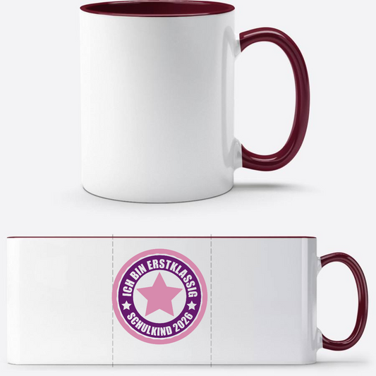 Tasse zur Einschulung 2026 – Erstklassig in Rosa mit Name - White/Bordeaux