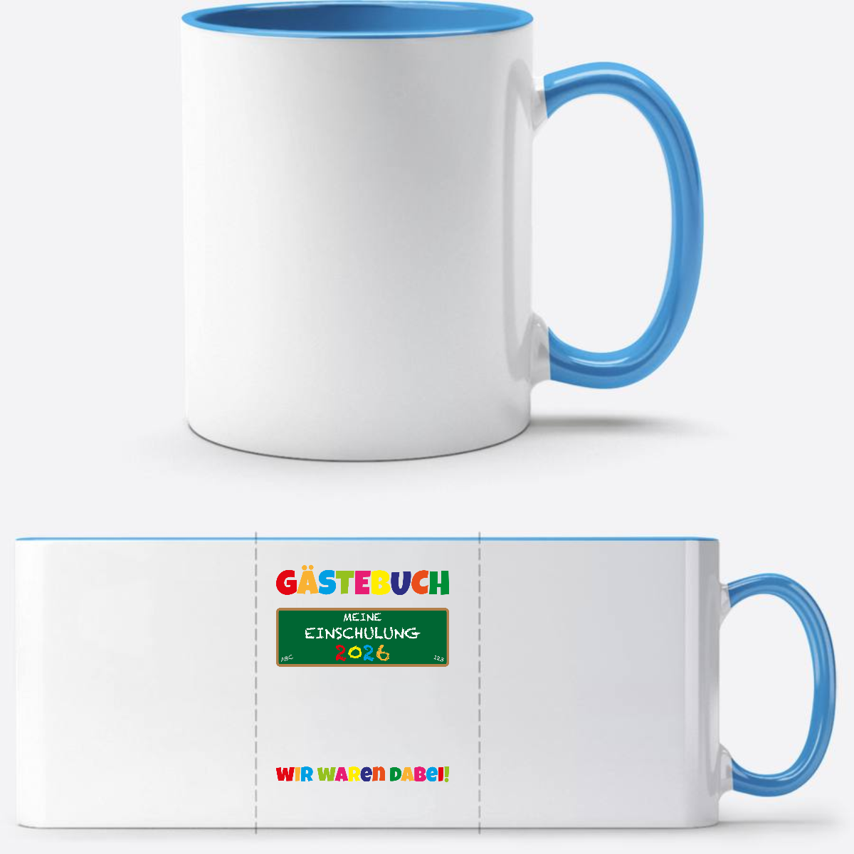 Tasse zur Einschulung 2026 – Geschenk für Schulkinder - Weiß/Hellblau