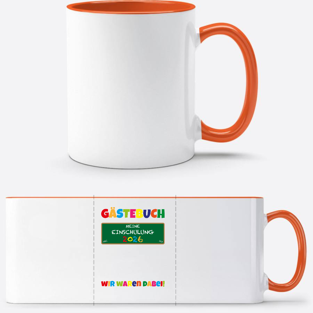 Tasse zur Einschulung 2026 – Geschenk für Schulkinder - Weiß/Orange