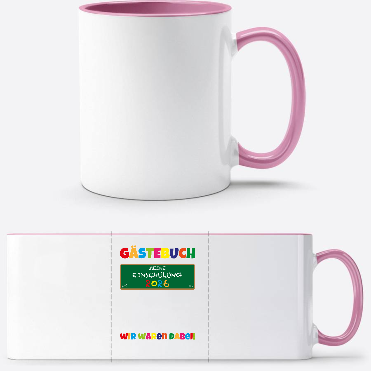 Tasse zur Einschulung 2026 – Geschenk für Schulkinder - Weiss/Rosa