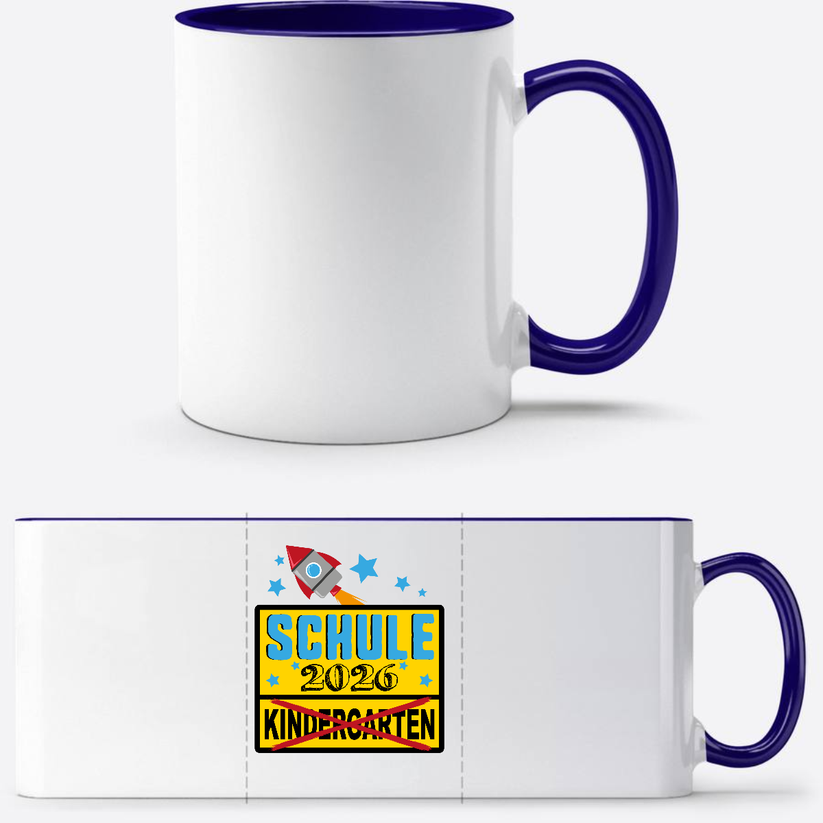 Tasse zur Einschulung 2026 – Ortsschild & Rakete mit Name - Weiß/Dunkelblau