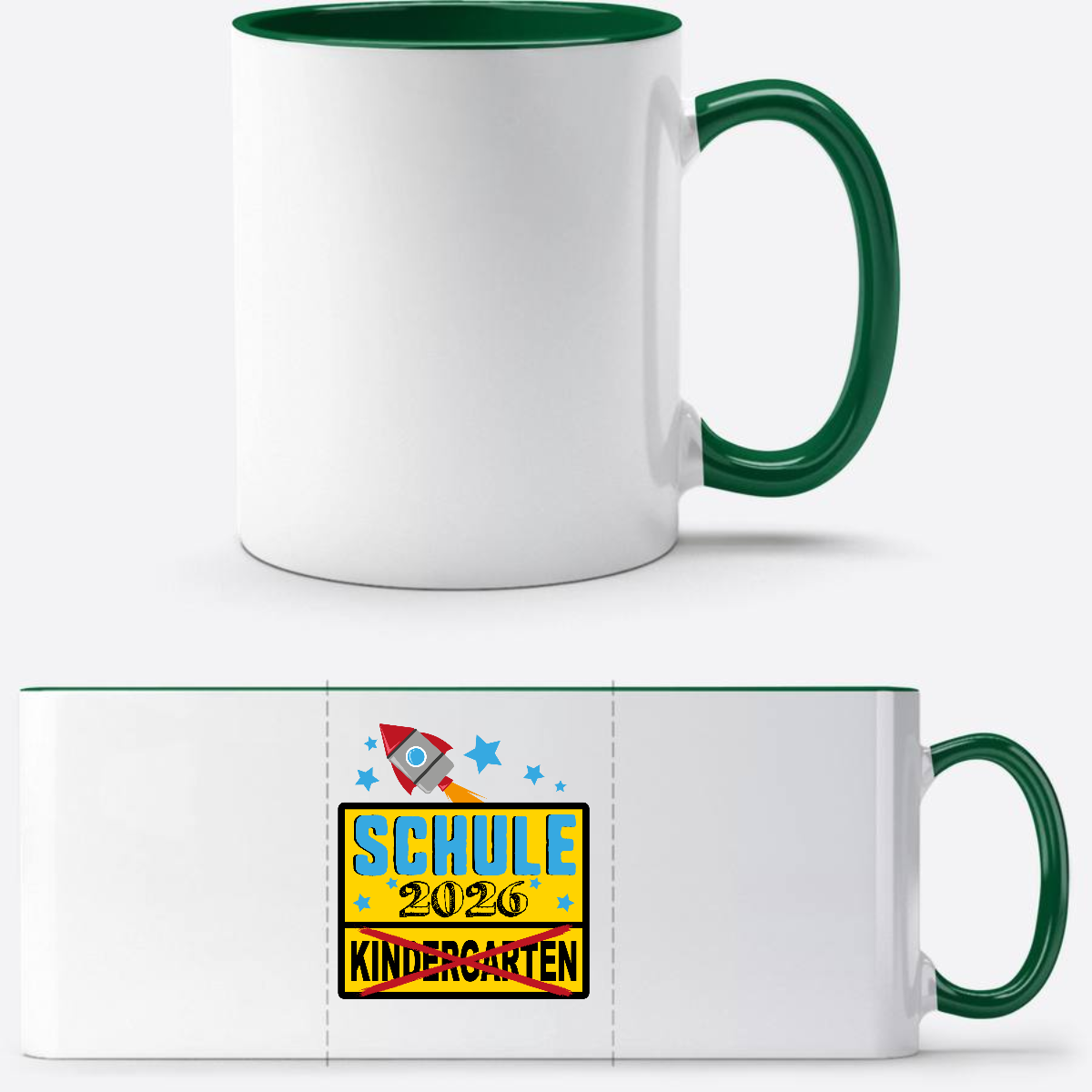 Tasse zur Einschulung 2026 – Ortsschild & Rakete mit Name - Weiß/Dunkelgrün