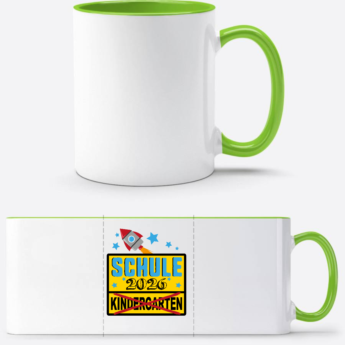 Tasse zur Einschulung 2026 – Ortsschild & Rakete mit Name - Weiß/Grün