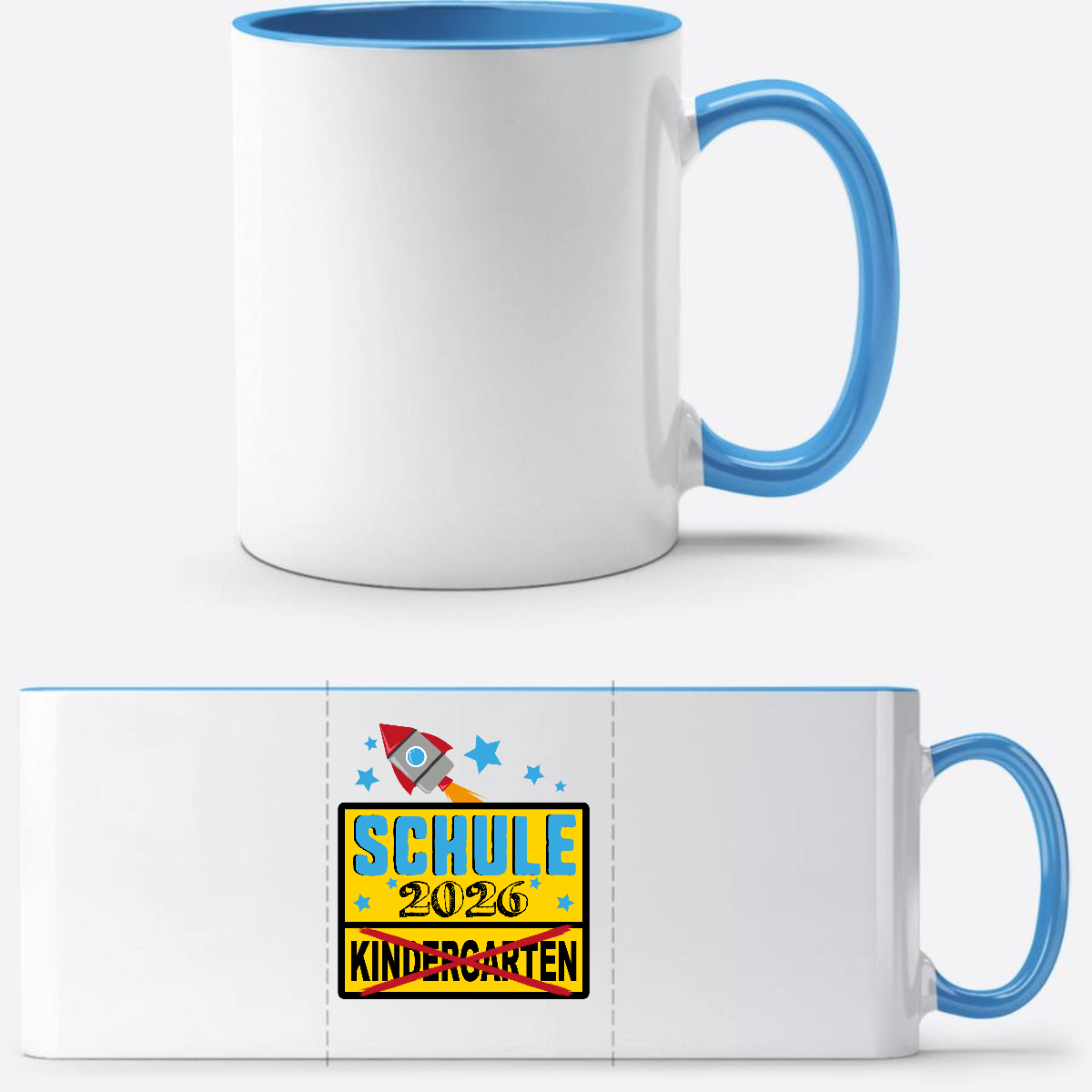 Tasse zur Einschulung 2026 – Ortsschild & Rakete mit Name - Weiß/Hellblau