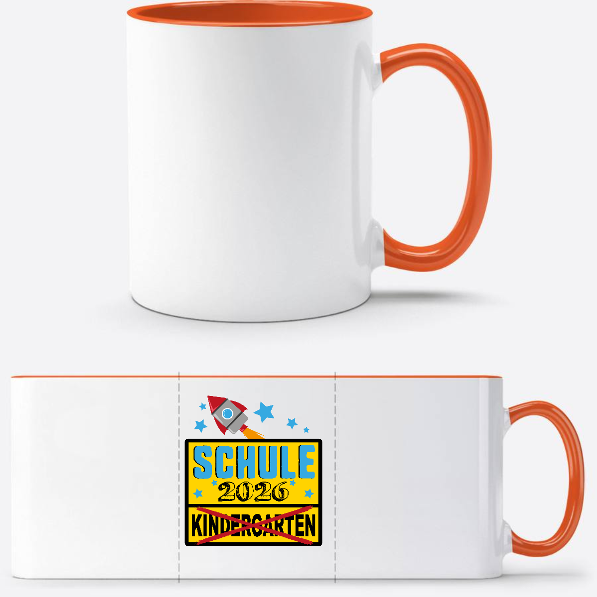 Tasse zur Einschulung 2026 – Ortsschild & Rakete mit Name - Weiß/Orange