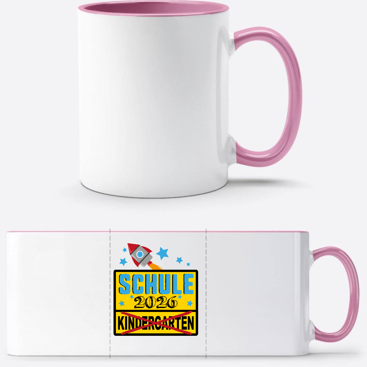 Tasse zur Einschulung 2026 – Ortsschild & Rakete mit Name - Weiss/Rosa