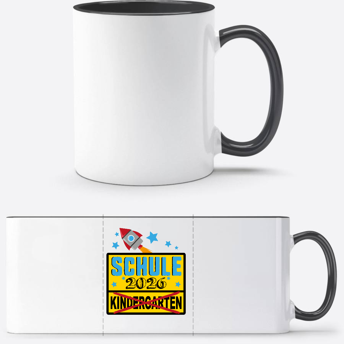 Tasse zur Einschulung 2026 – Ortsschild & Rakete mit Name - Weiß/Schwarz