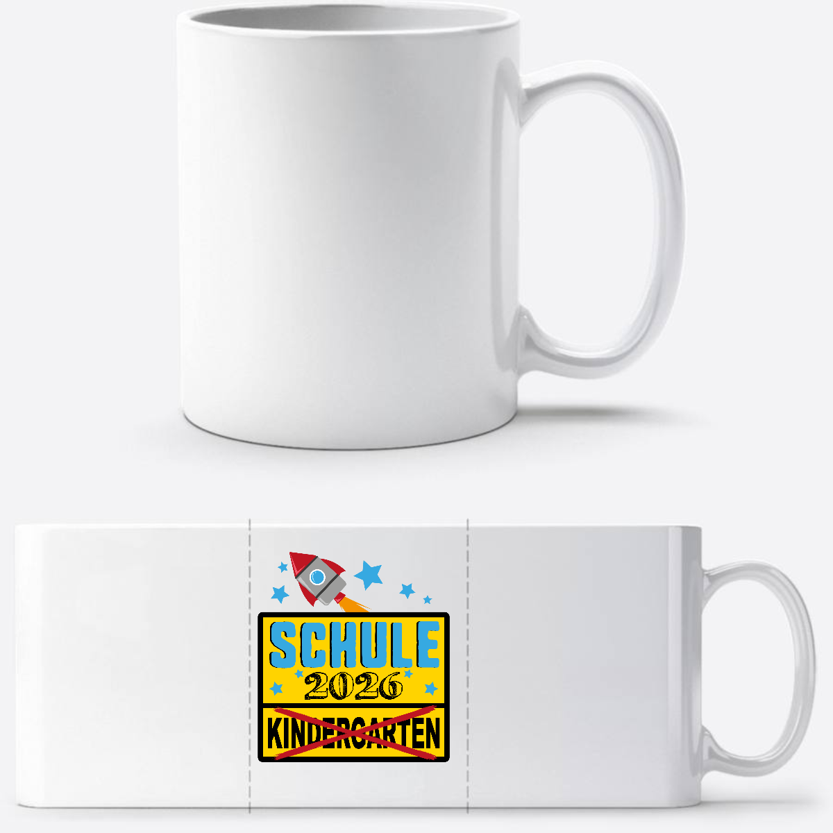 Tasse zur Einschulung 2026 – Ortsschild & Rakete mit Name - Weiß