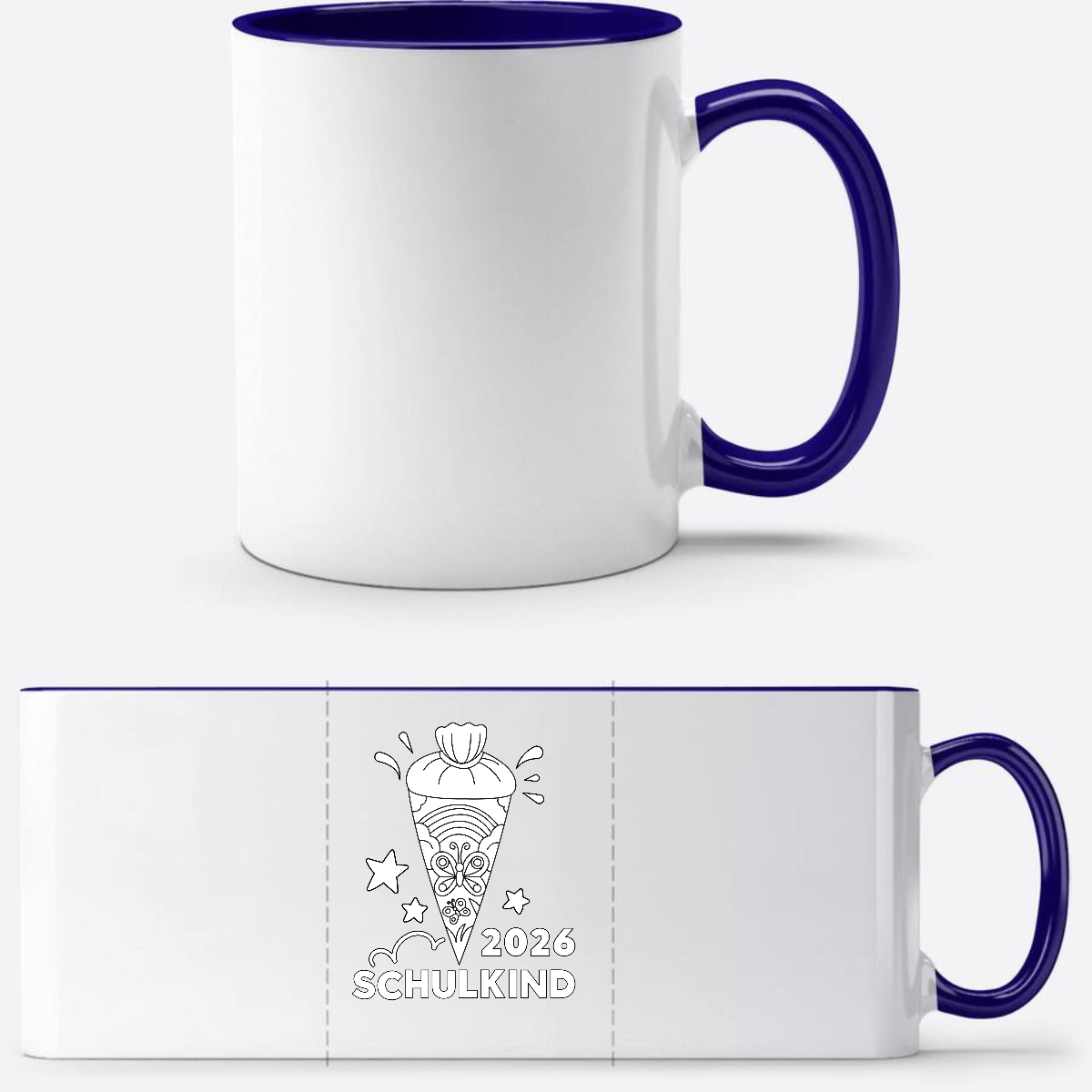 Tasse zur Einschulung 2026 – Regenbogen zum Ausmalen mit Name - Weiß/Dunkelblau