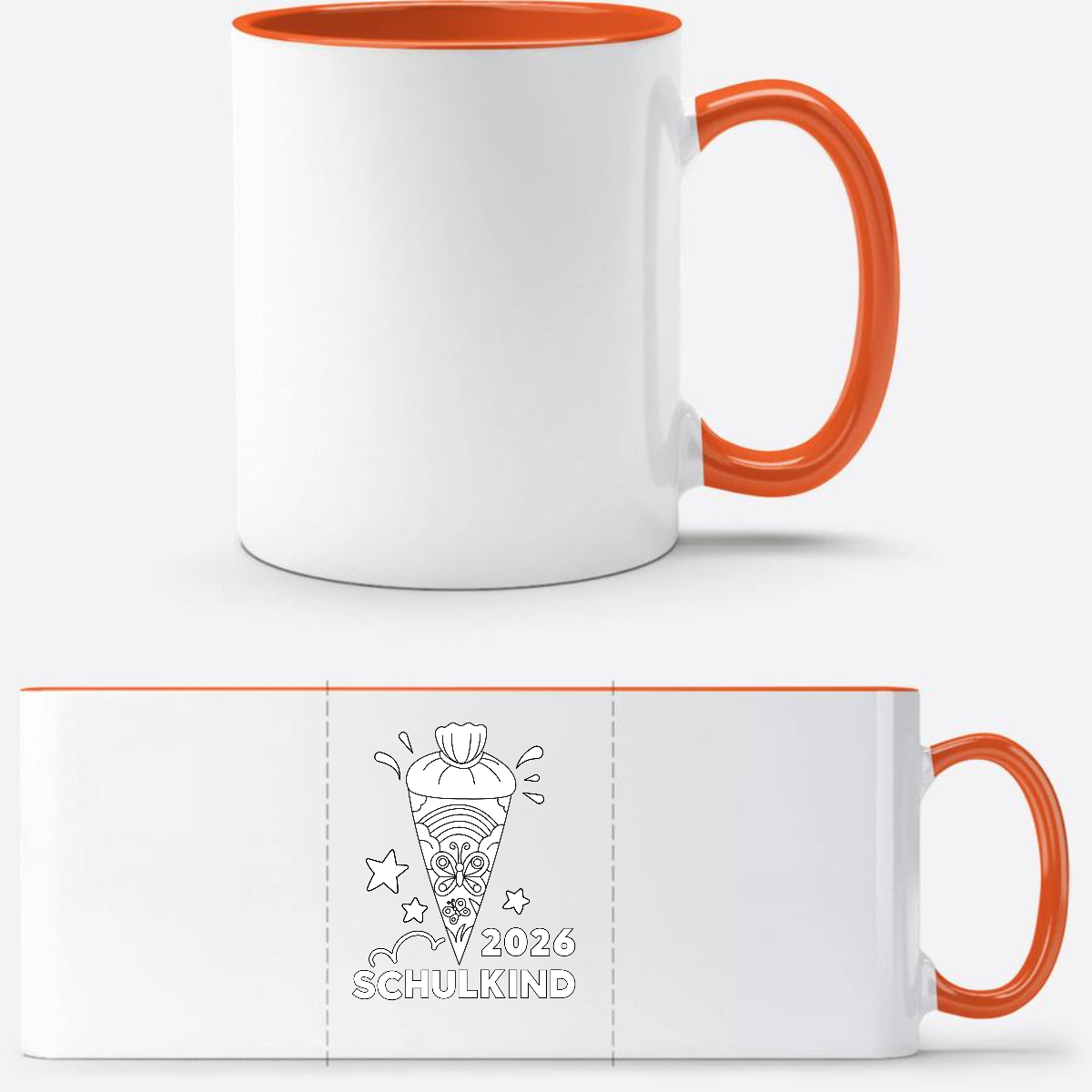 Tasse zur Einschulung 2026 – Regenbogen zum Ausmalen mit Name - Weiß/Orange
