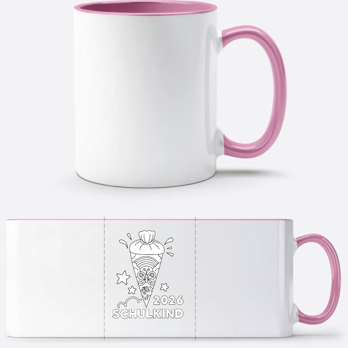 Tasse zur Einschulung 2026 – Regenbogen zum Ausmalen mit Name - Weiss/Rosa