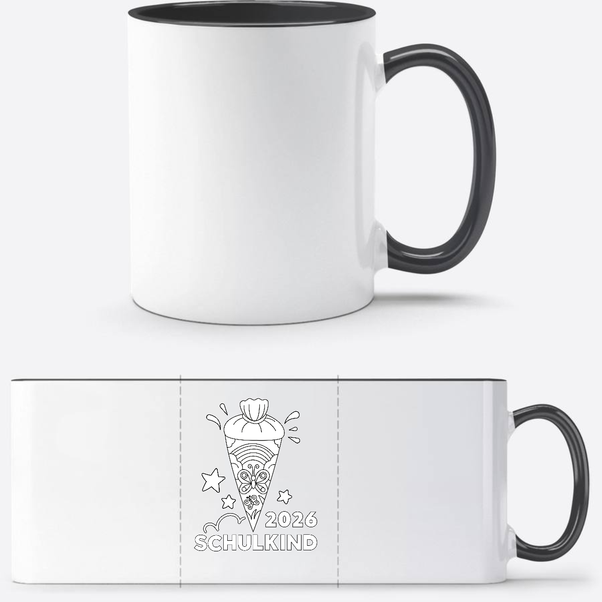 Tasse zur Einschulung 2026 – Regenbogen zum Ausmalen mit Name - Weiß/Schwarz
