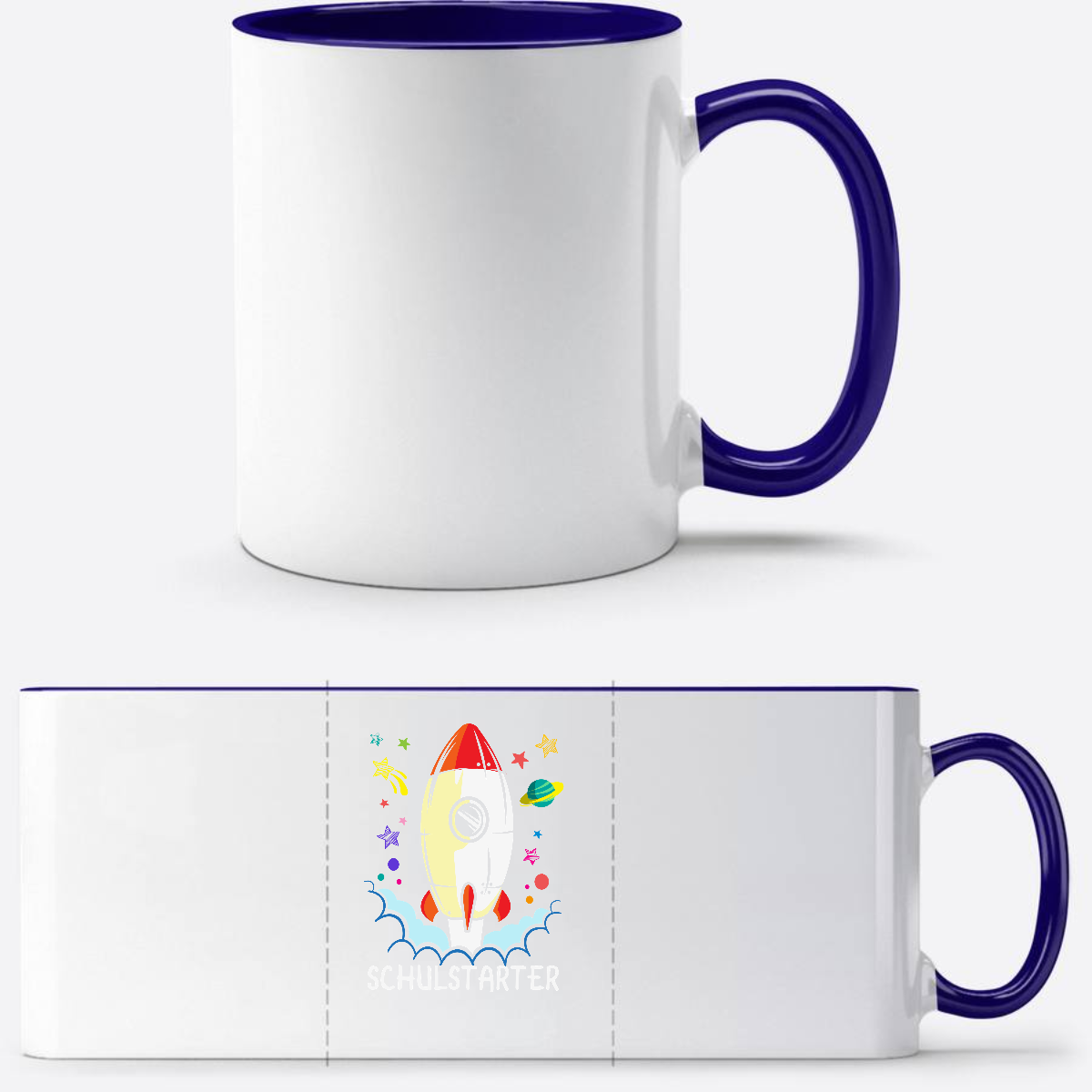 Tasse zur Einschulung – Bunte Rakete mit Name - Weiß/Dunkelblau