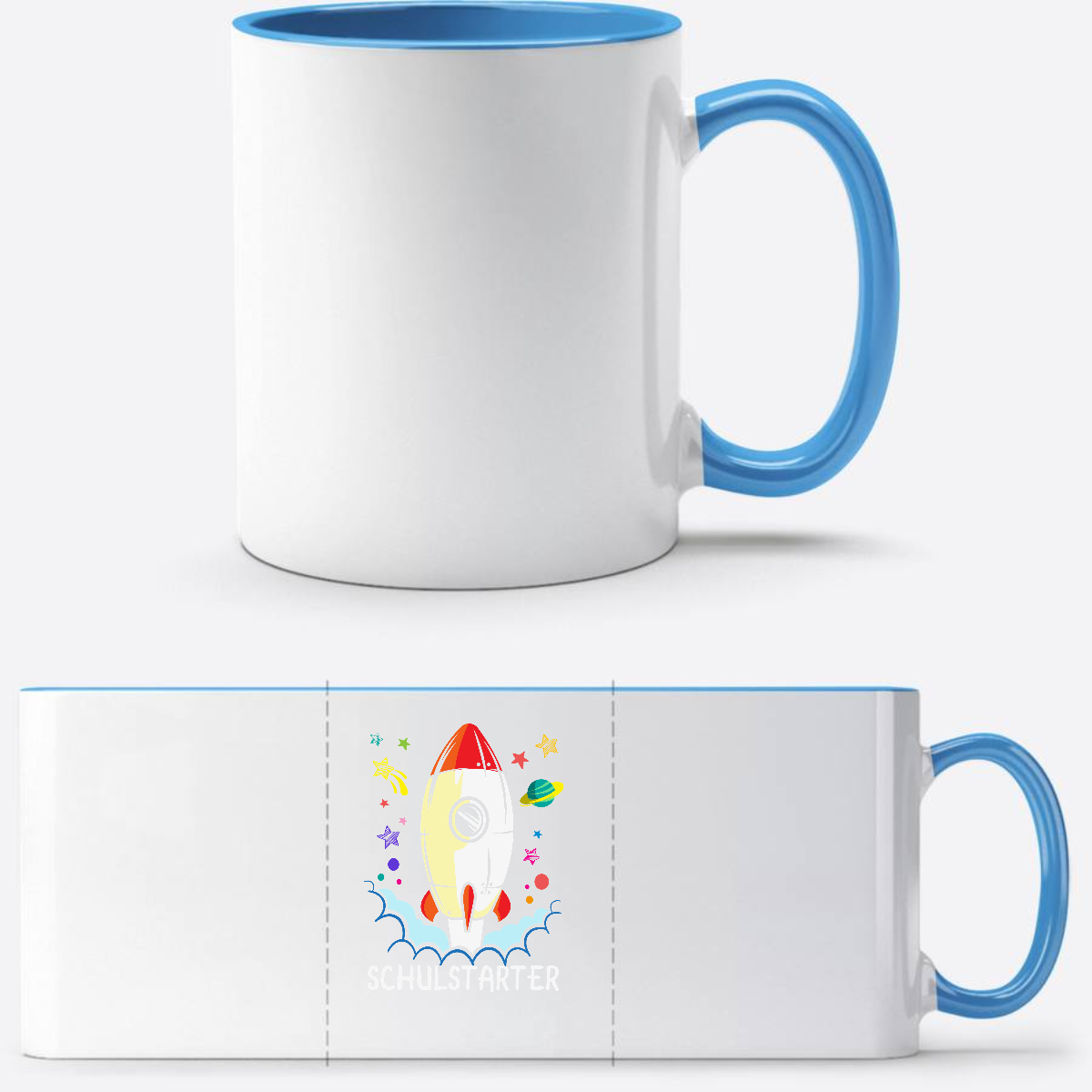 Tasse zur Einschulung – Bunte Rakete mit Name - Weiß/Hellblau