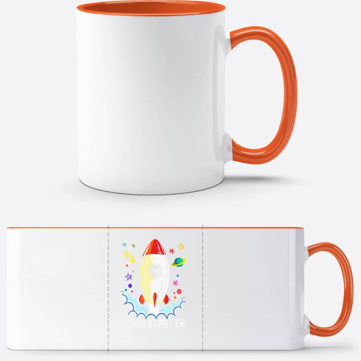 Tasse zur Einschulung – Bunte Rakete mit Name - Weiß/Orange