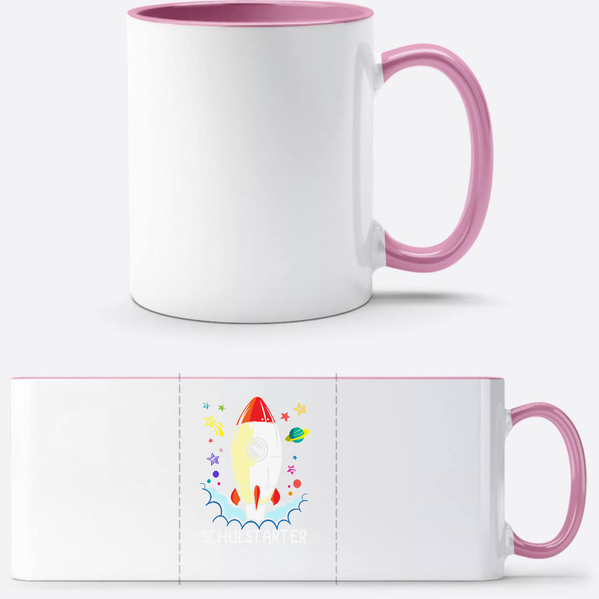 Tasse zur Einschulung – Bunte Rakete mit Name - Weiss/Rosa