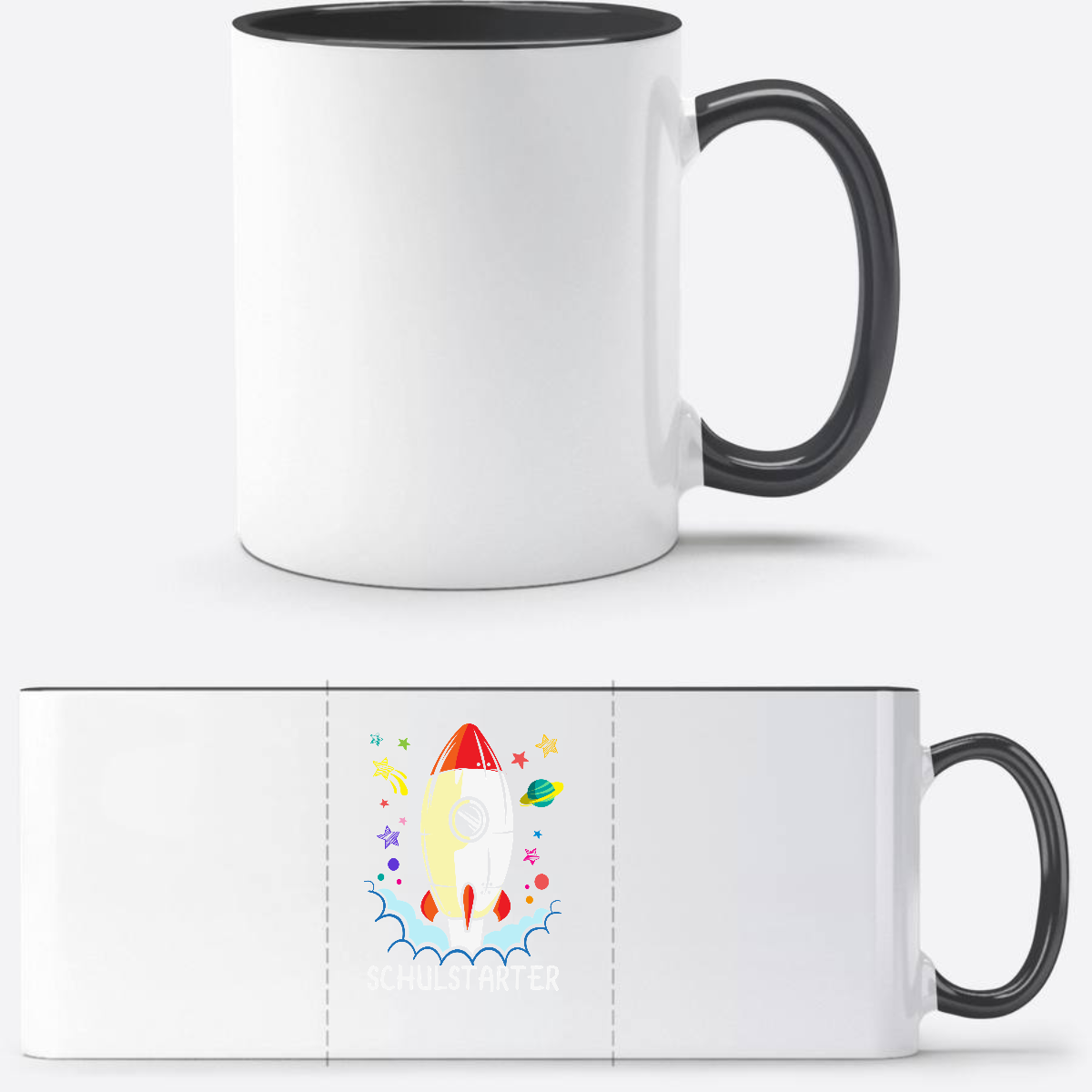 Tasse zur Einschulung – Bunte Rakete mit Name - Weiß/Schwarz
