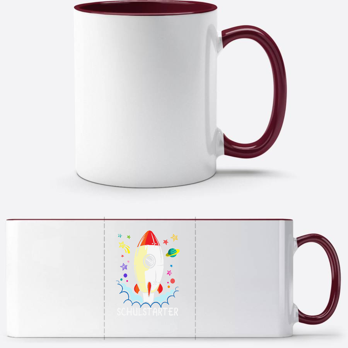 Tasse zur Einschulung – Bunte Rakete mit Name - White/Bordeaux