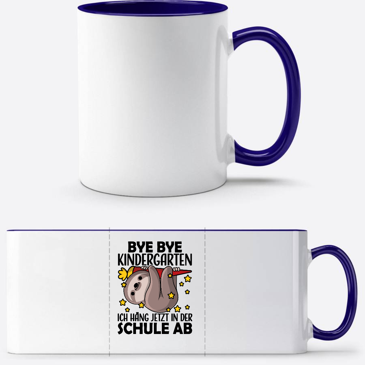 Tasse zur Einschulung: Bye Bye Kindergarten Faultier - Weiß/Dunkelblau