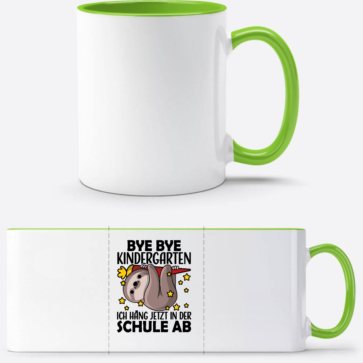 Tasse zur Einschulung: Bye Bye Kindergarten Faultier - Weiß/Grün
