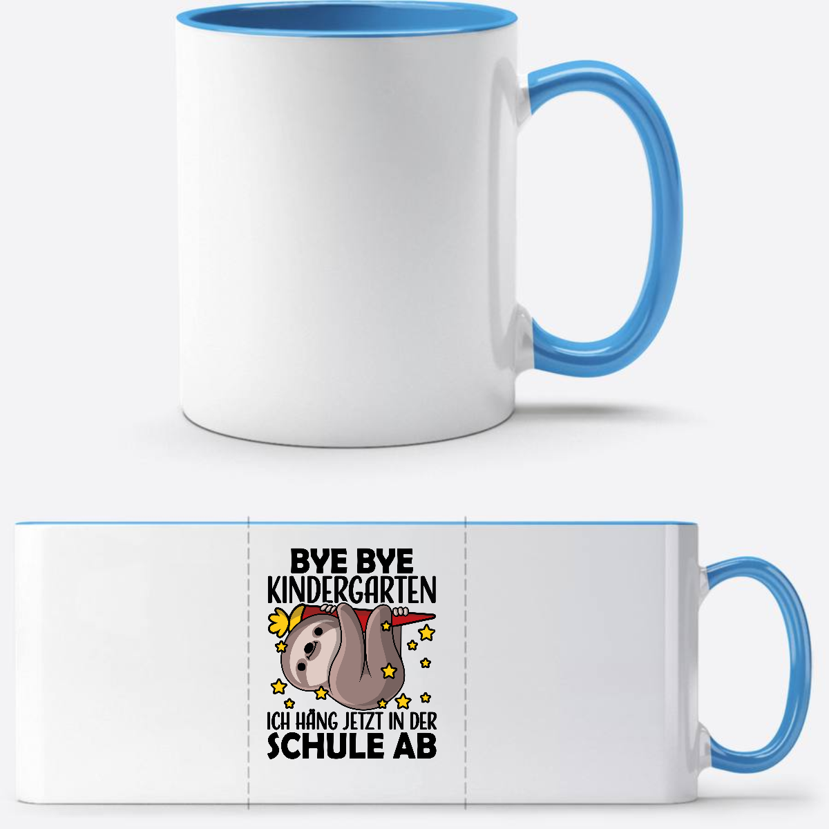 Tasse zur Einschulung: Bye Bye Kindergarten Faultier - Weiß/Hellblau