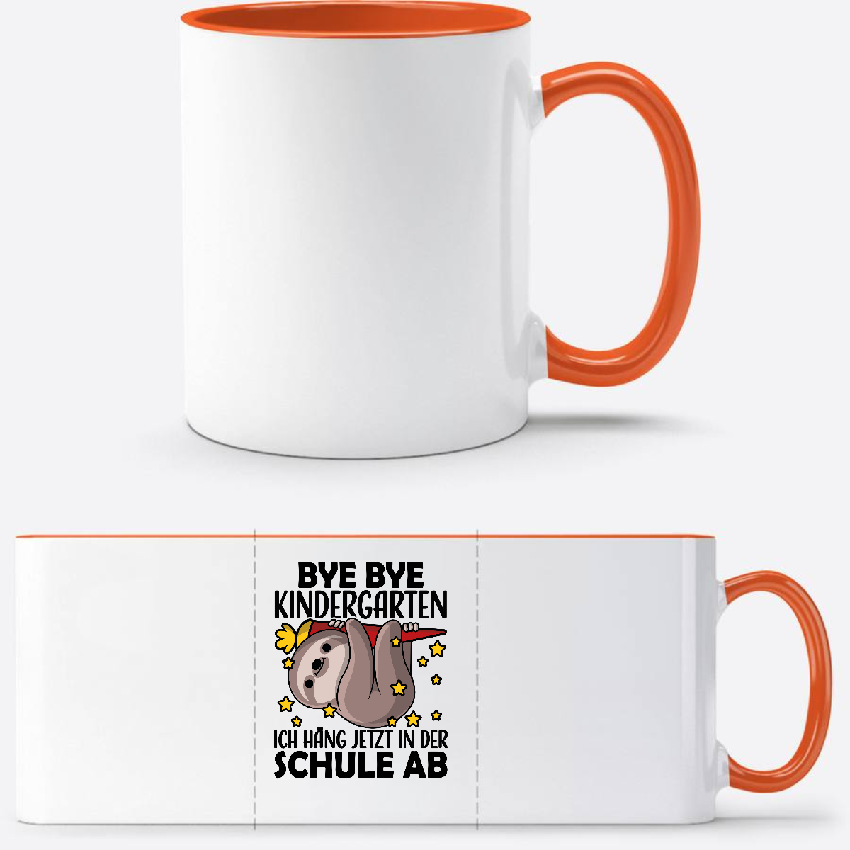 Tasse zur Einschulung: Bye Bye Kindergarten Faultier - Weiß/Orange