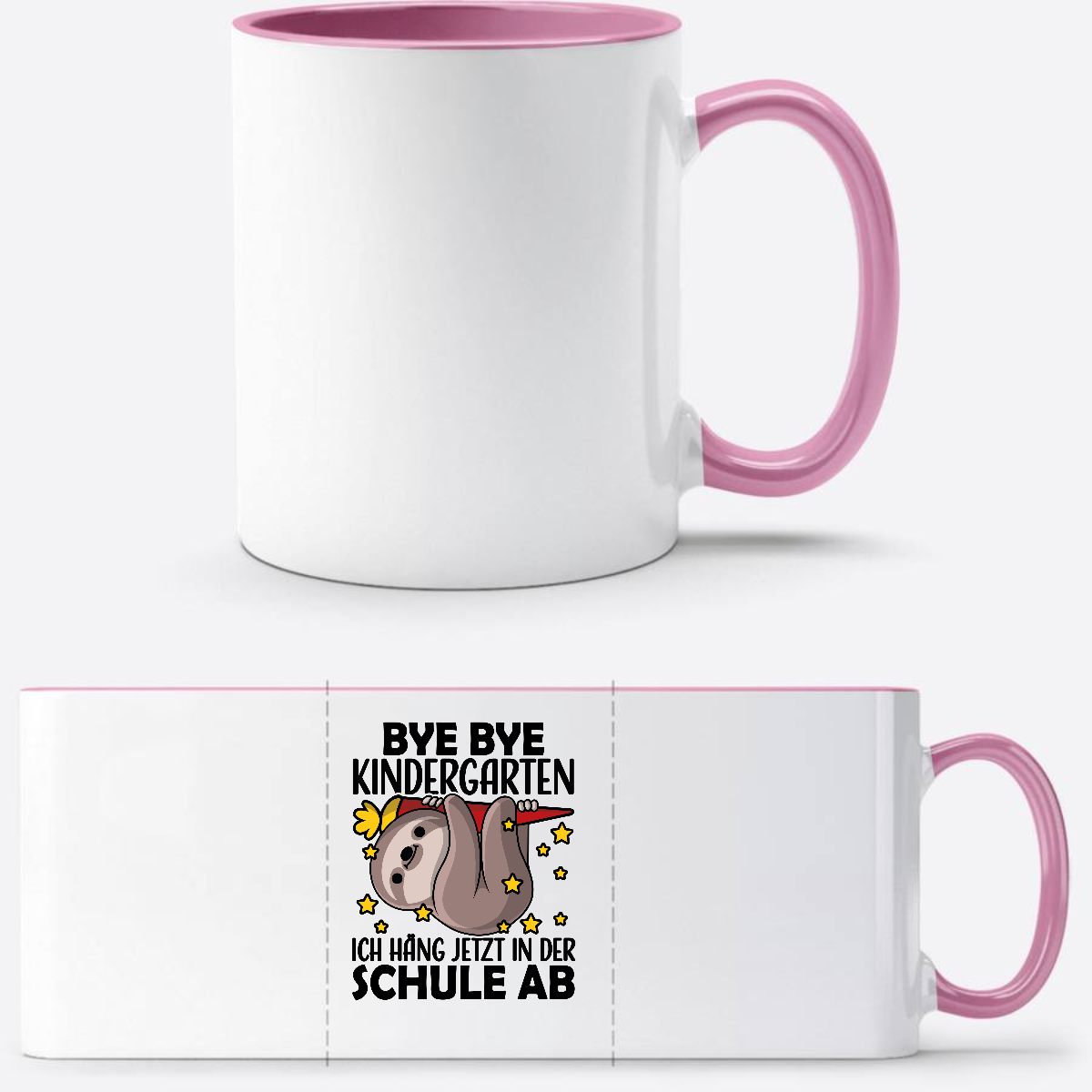 Tasse zur Einschulung: Bye Bye Kindergarten Faultier - Weiss/Rosa