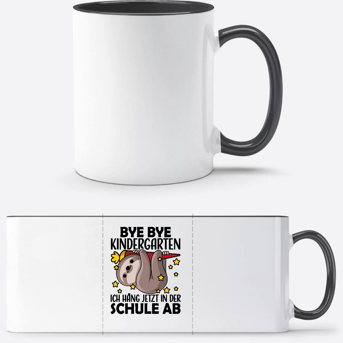 Tasse zur Einschulung: Bye Bye Kindergarten Faultier - Weiß/Schwarz
