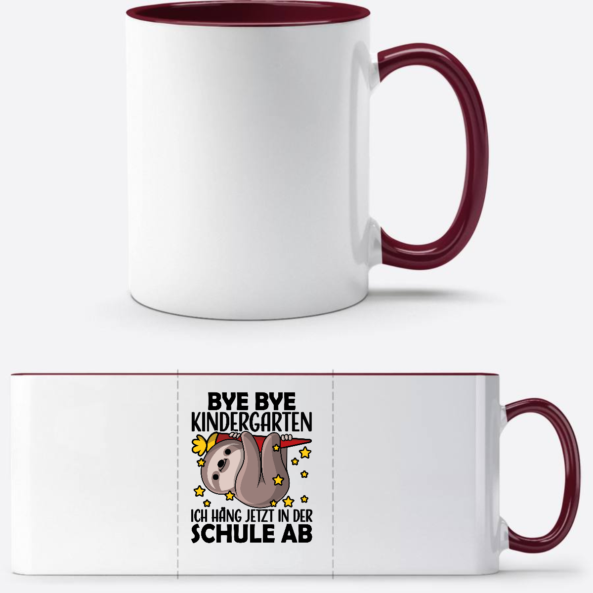 Tasse zur Einschulung: Bye Bye Kindergarten Faultier - White/Bordeaux