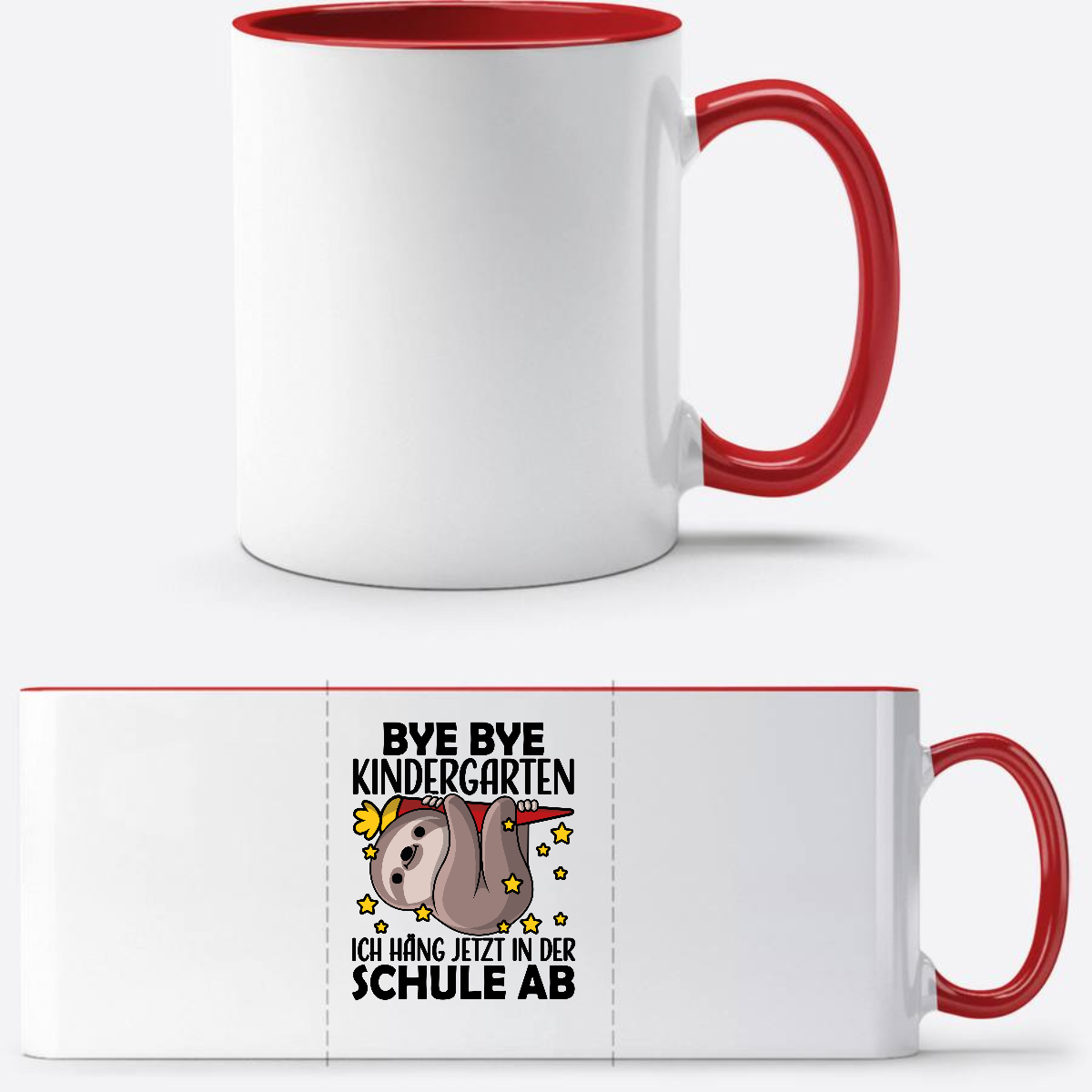 Tasse zur Einschulung: Bye Bye Kindergarten Faultier - White/Red