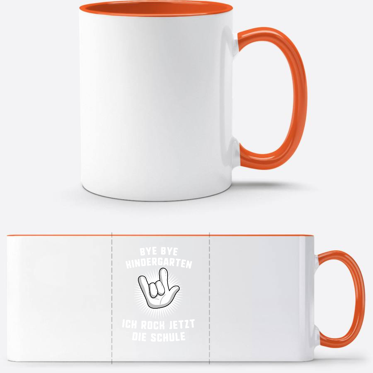 Tasse zur Einschulung: Bye Bye Kindergarten, ich rock die Schule - Weiß/Orange