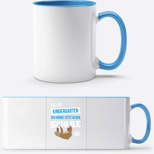 Tasse zur Einschulung – Bye Bye Kindergarten mit Name - Weiß/Hellblau