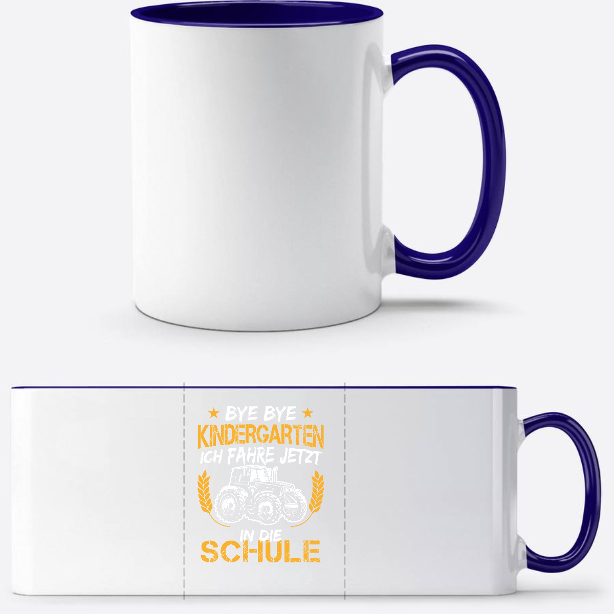 Tasse zur Einschulung: Bye Bye Kindergarten Traktor - Weiß/Dunkelblau