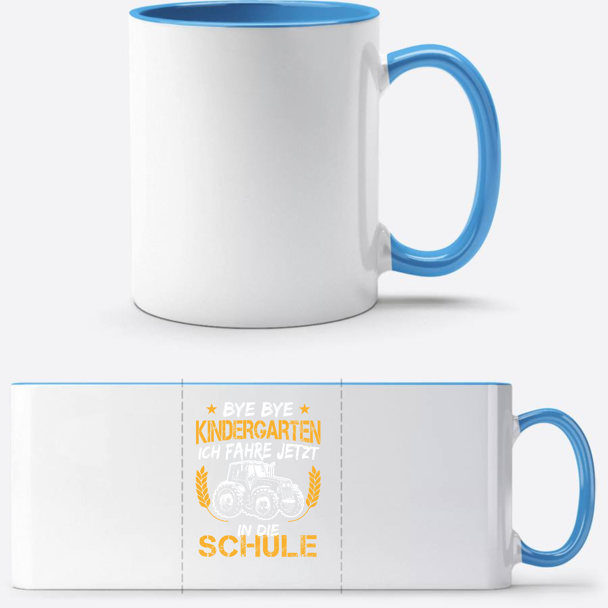 Tasse zur Einschulung: Bye Bye Kindergarten Traktor - Weiß/Hellblau