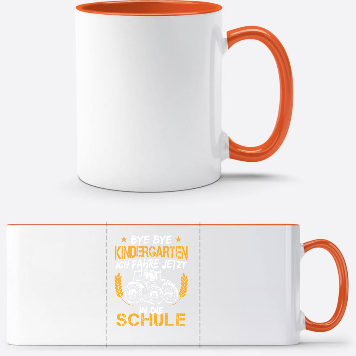 Tasse zur Einschulung: Bye Bye Kindergarten Traktor - Weiß/Orange